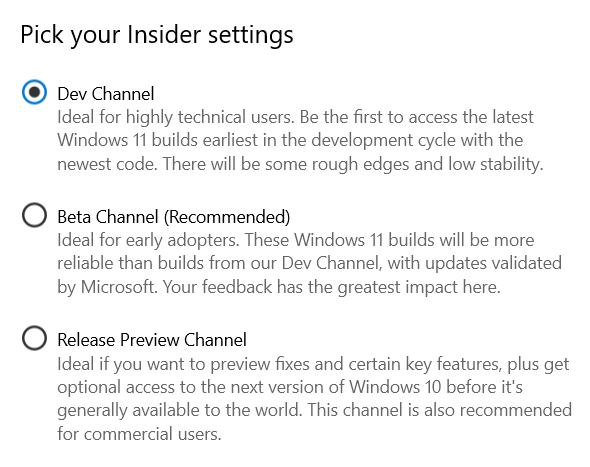 Select Dev Channel for Windows 11 access
